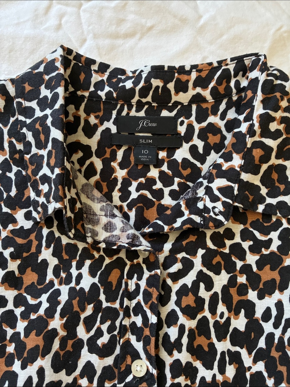 NWOT J Crew Slim Linen Button Down Shirt in Leopard Print, Size 10